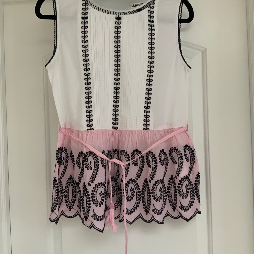 Marc Cain White and Pink Sleeveless Top with Black Embroidery